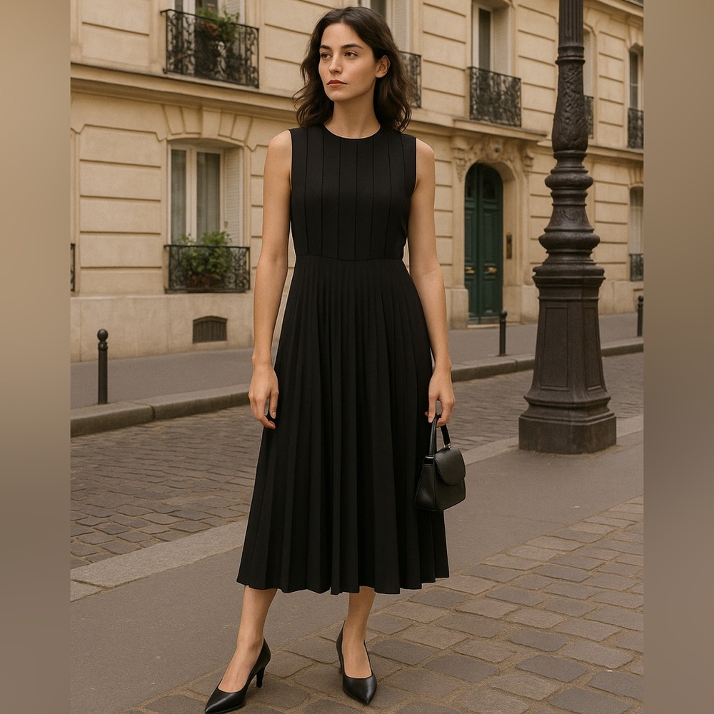 Sandro Paris Black Pleated Midi Dress Chiffon Classic Elegant Size Small